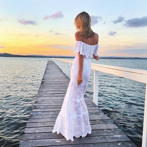 Off Shoulder Lace Mermaid Long Beach Dress - May Your Fashion - 1