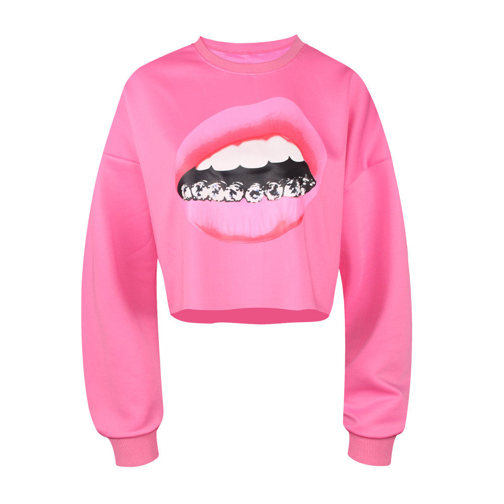 Casual 3D Mouse Tooth Print Long Sleeves Crop Top