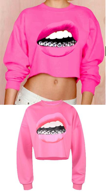 Casual 3D Mouse Tooth Print Long Sleeves Crop Top