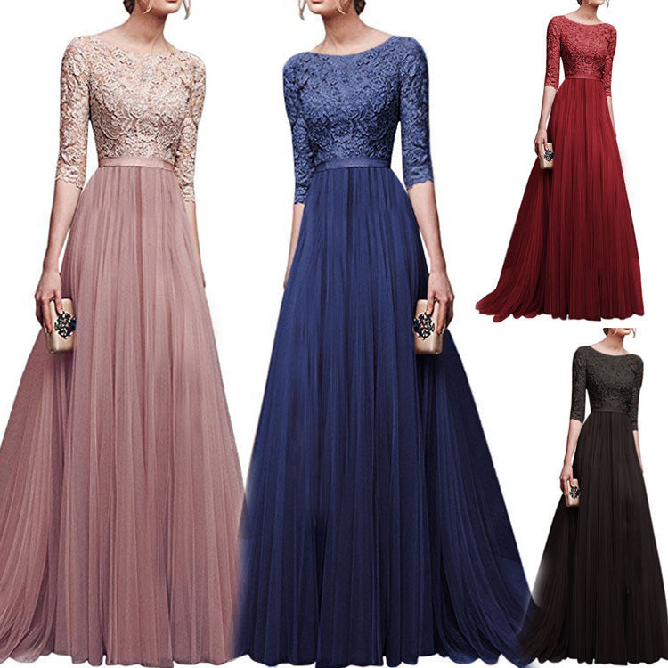 Charming Long Lace Sleeves Pleated Chiffon Long Red Maxi Dress