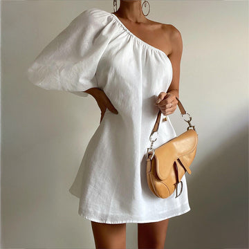 Fashionable Loose-Fit Slimming Off-Shoulder Cotton Linen Dress