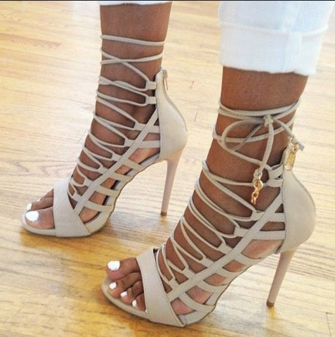 Lace Up Cut Out High Heel Sandals