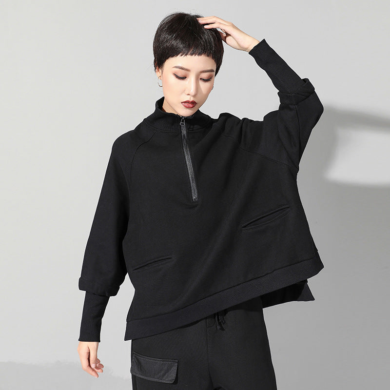 Fashion Black Zipper Long Sleeves Cropped T-shirt