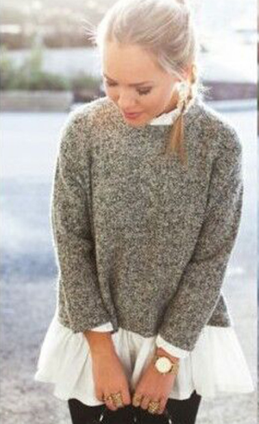 Collar Splicing Solid Color Knit Lace Sweater - Meet Yours Fashion - 1
