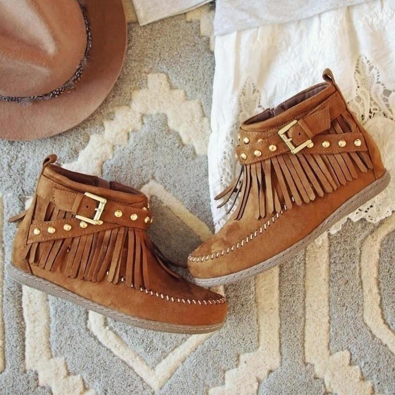 Wedge Flat Buckle Suede Round Toe Ankle Boots