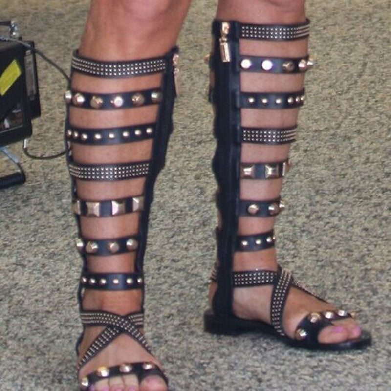 Leather Cutout Zipper Gladiators Knee Length Flat Sandals