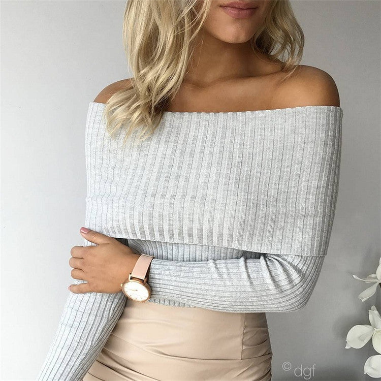 Long Sleeves Pure Color Off Shoulder Slim Sweater
