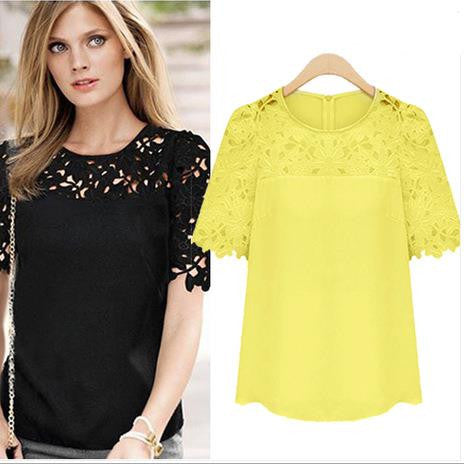 Lace Patchwork Short Sleeves Scoop Hollow Out Chiffon Blouse
