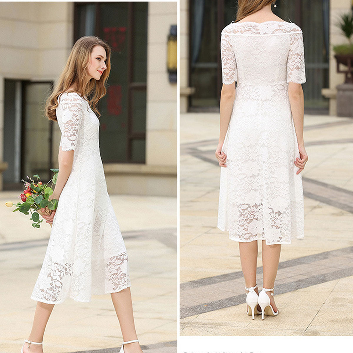 Half Sleeves Pure Color Slim Lace Long Dress