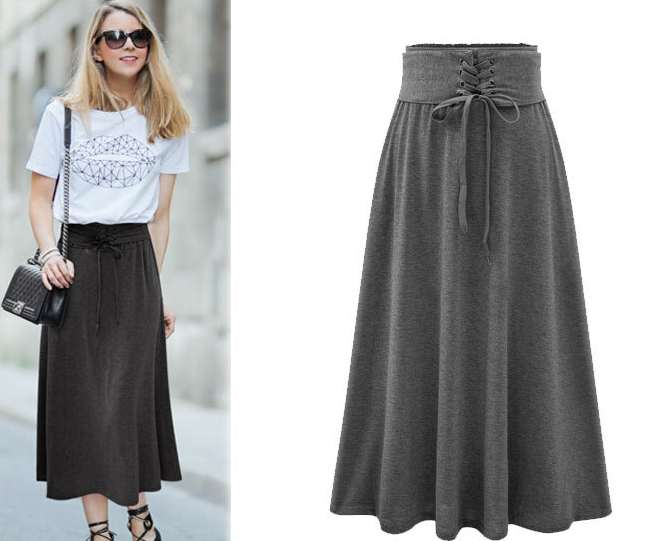 Lace Up Elastic Solid Pleated Long Skirt - Meet Yours Fashion - 4
