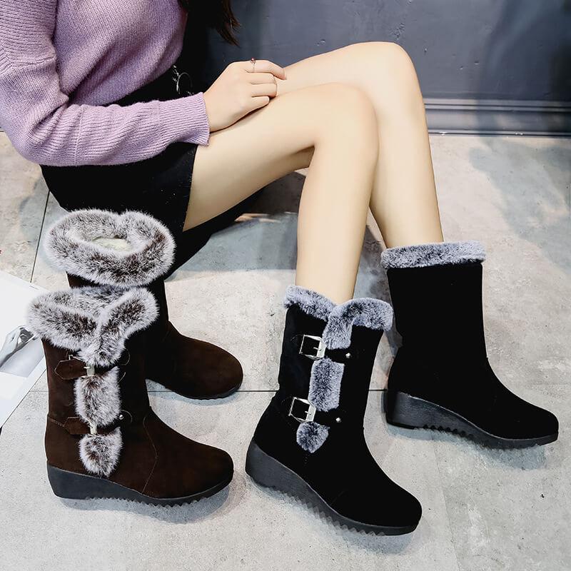 Wedge Flat Suede Fur Buckle Mid Calf Boots