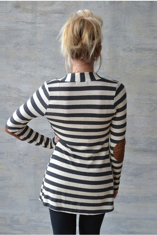Long Sleeves Striped V-neck Patchwork Cardigan