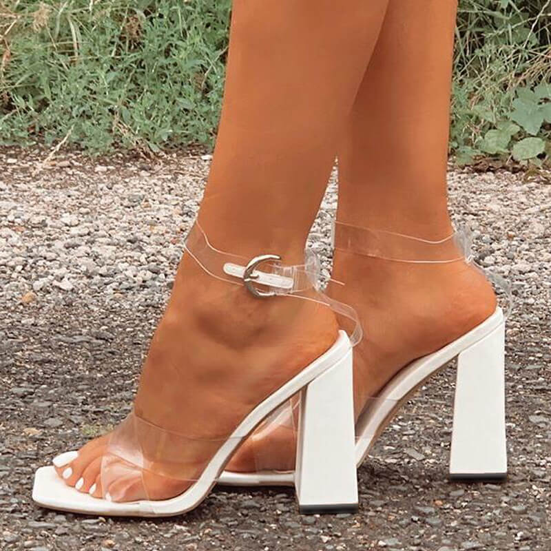 Summer Pvc Square Toe Chunky Heel Sandals