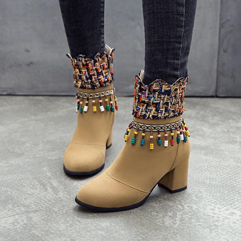 Embellished High Chunky Heel Suede Ankle Boots
