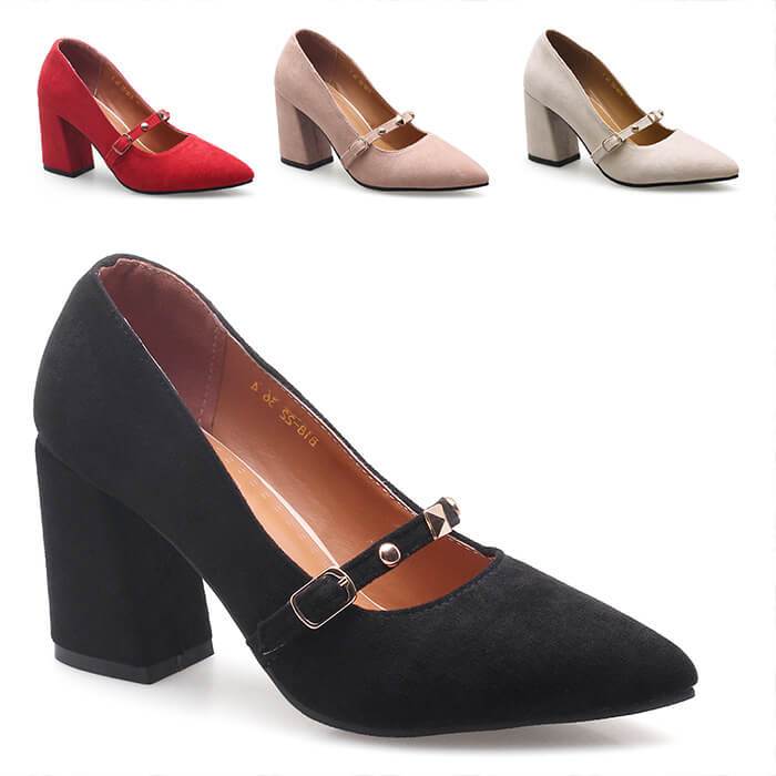 Suede Buckle Pointed Toe Prom Chunky High Heels
