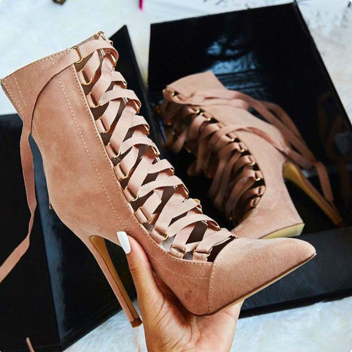 Hollow Out Lace Up Pointed Toe Stiletto High Heels Short Boots Shoes