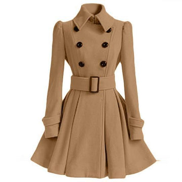 Clearance Flared Hem Turn-down Collar Slim Double Button Wool Coat With Belt on