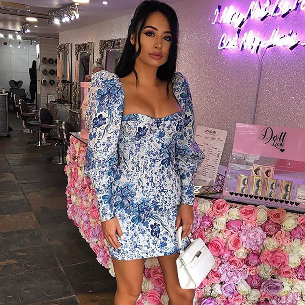 Blue Puff Sleeve Strapless Floral Bodycon Dress