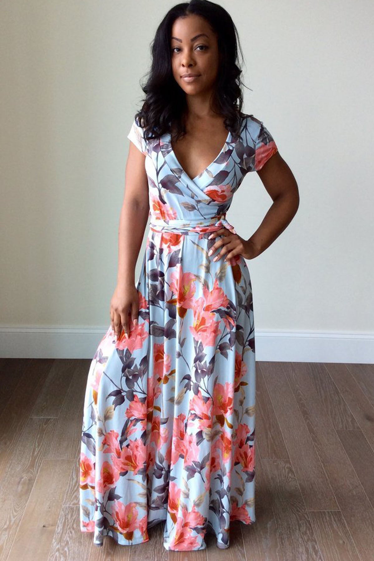 Floral Print Deep V-neck Neckline Long Dress