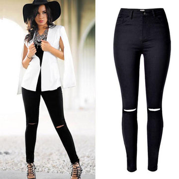 High Waist Elastic Slim Holes Stylish Jeans - Meet Yours Fashion - 1