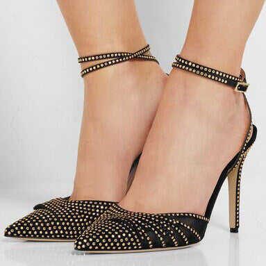 Suede Point Toe Straps Rhinestone Ankle Pumps