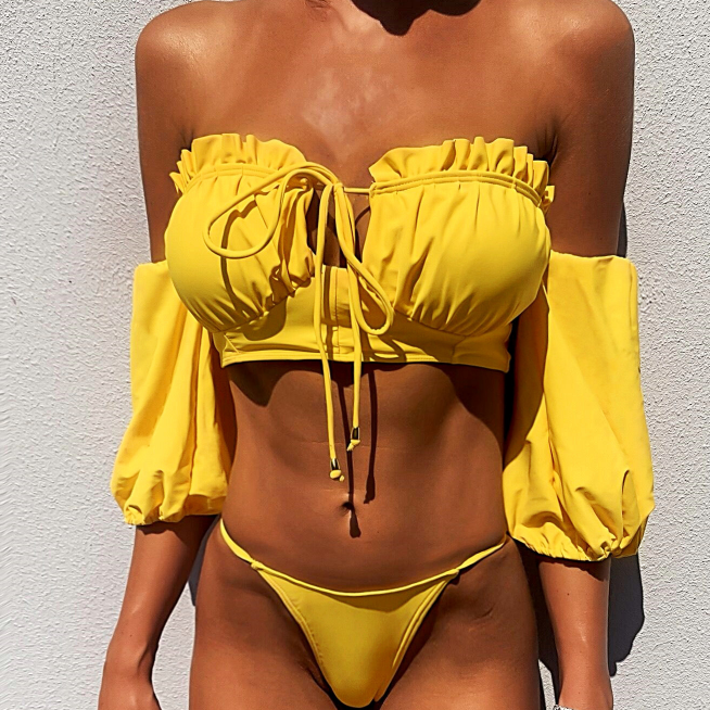 Yellow Off Shoulder Strappy Short Sleeve Thong Bottom Bikinis