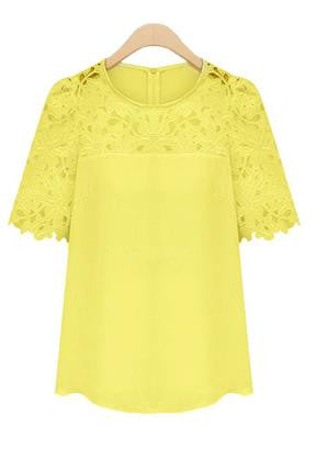 Lace Patchwork Short Sleeves Scoop Hollow Out Chiffon Blouse - Meet Yours Fashion - 6