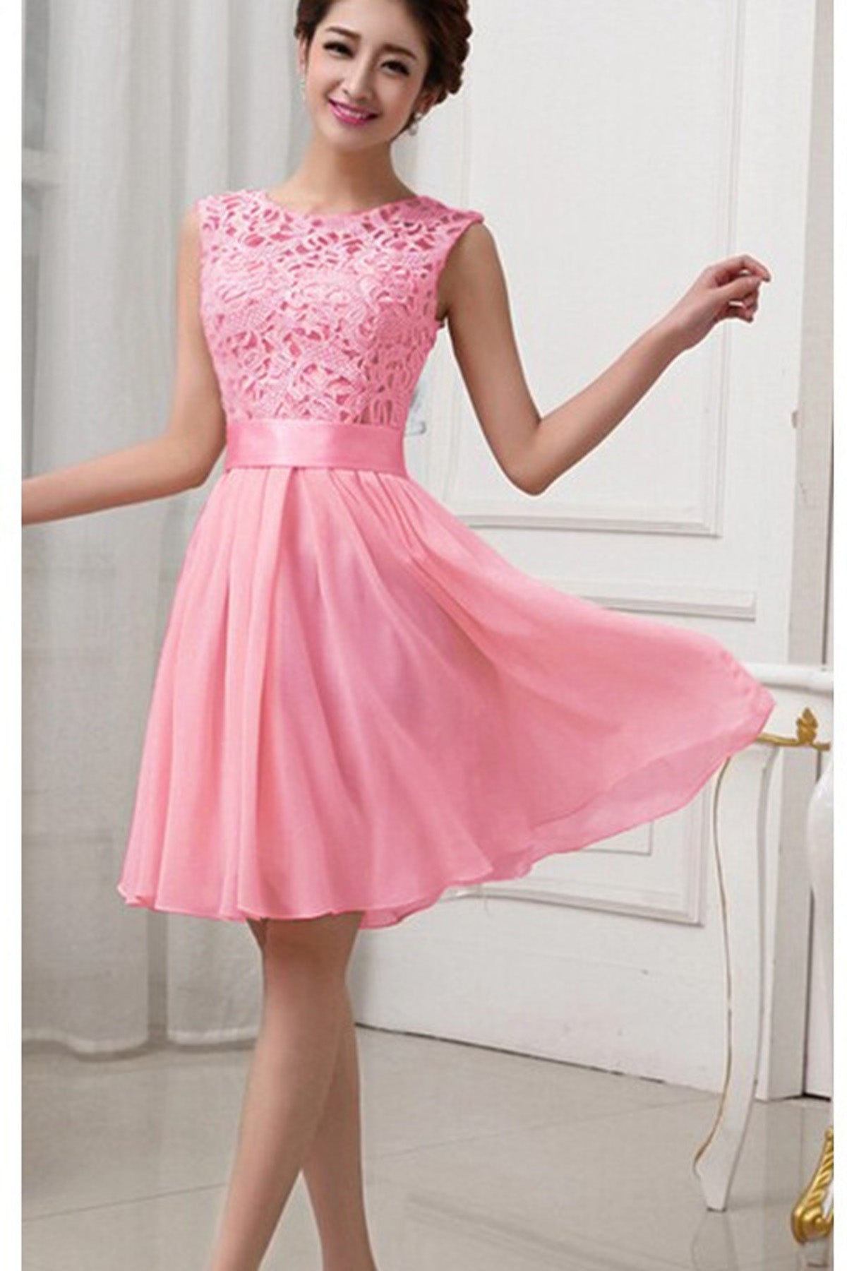 Hollow Out Pure Color Lace Chiffon Patchwork Knee-length Party Dress
