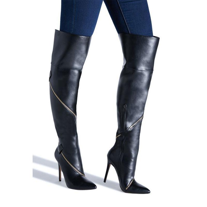 Sexy Black PU Zipper High Heel Over Knee Boots