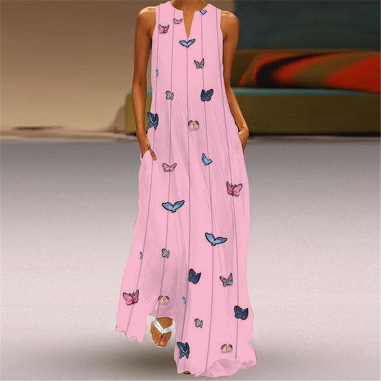 Plus Size V Neck Butterfly Print Maxi Dress