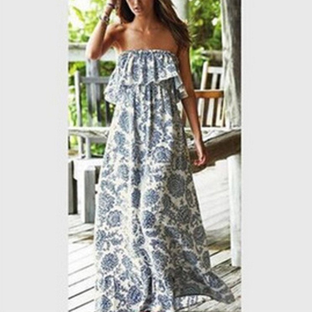 Strapless Off Shoulder Flower Print Loose A-line Long Beach Dress  