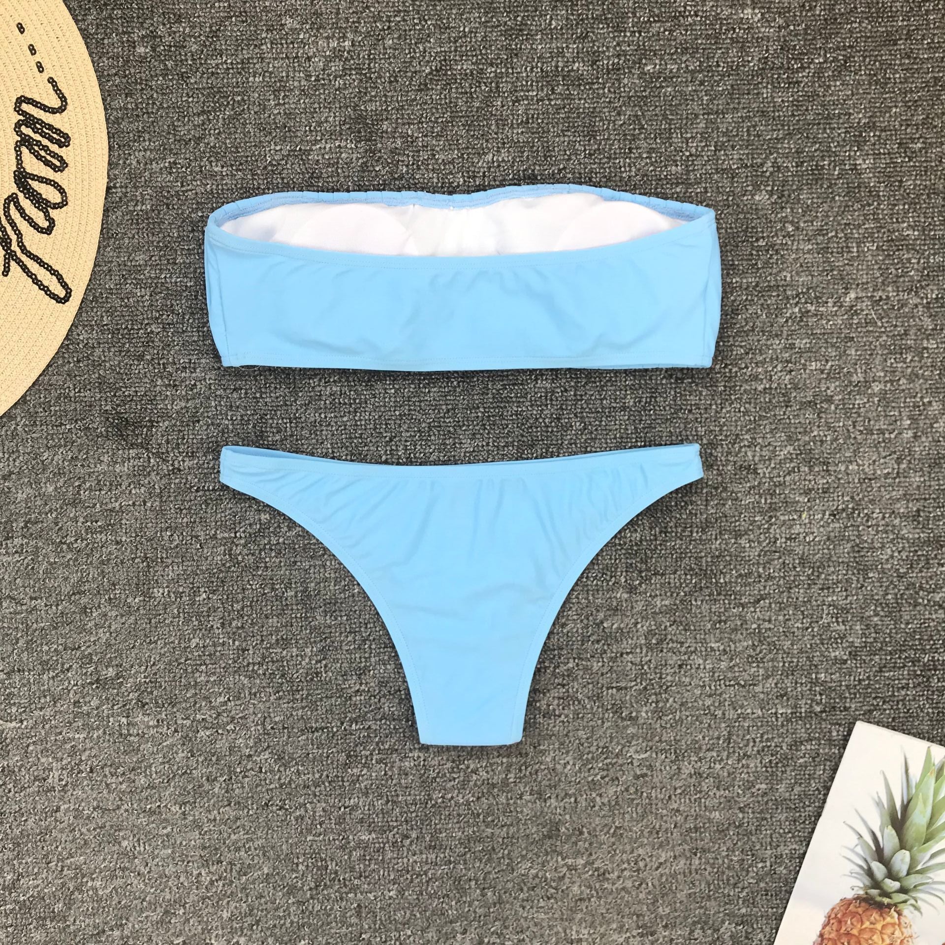 Blue Smocked Mid Rise Thong Bottom Tube Bikinis