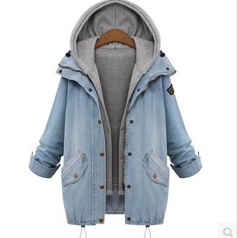 Blue Hooded Drawstring Denim Two Pieces Coat