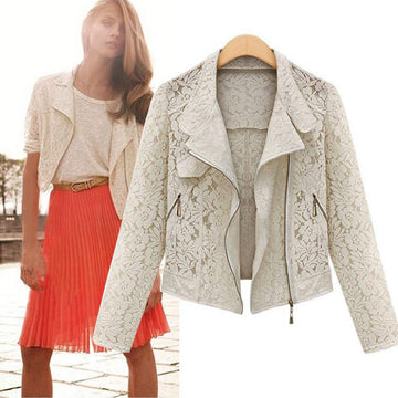 Hollow Lapel Double Zippers Lace Long Sleeves Short Coat - Meet Yours Fashion - 2