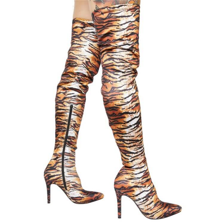 Party Stretch Print Point Toe Zipper Over Knee Boots