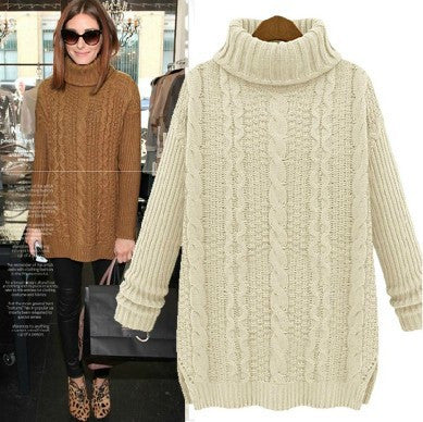 Pullover High Neck Knit Twist Long Sleeve Side Slit Sweater