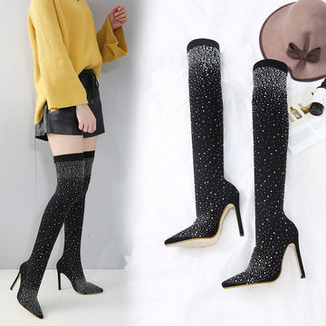 Trendy European and American Pointed Toe Rhinestone Stiletto Over the Knee Sock Boots