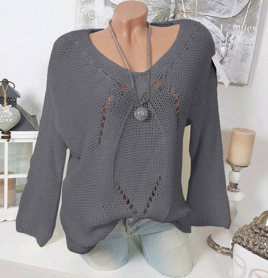 V Neck Hollow Out Wide Sleeve Knit Sweater