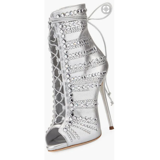 Crystal Lace Up Peep Toe Ankle Boot Stiletto High Heel Sandals