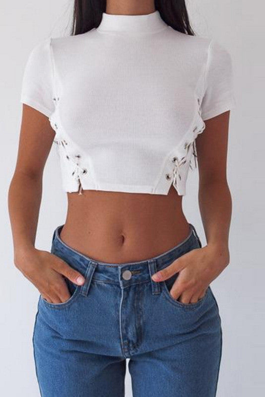 High Neck Bandage Hollow Out Short Sleeves Short Crop Top