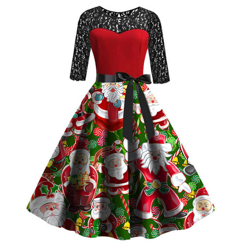 Christmas Retro Lace Splice Santa Print Dress
