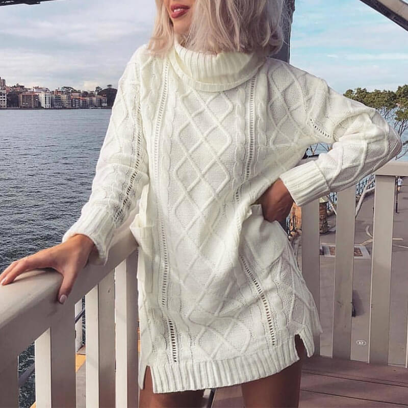 Turtleneck Cable Knit Oversized Sweater Dress