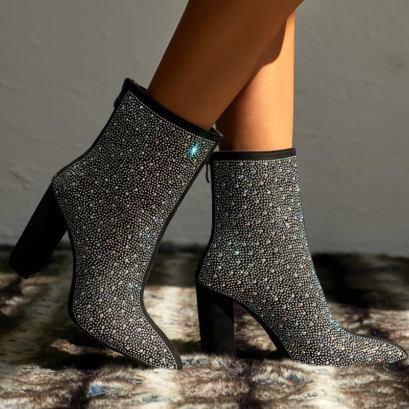 Fashionable Rhinestone Embellishments for Winter Pointed toe Chunky High Heel Plus Size Short Boots