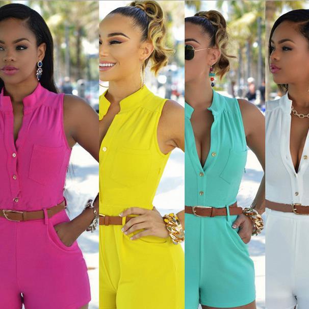 V-neck Sleeveless Empire Cocktail Short Bodycon Belt Jumpsuits - Meet Yours Fashion - 1