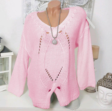 V Neck Hollow Out Wide Sleeve Knit Sweater