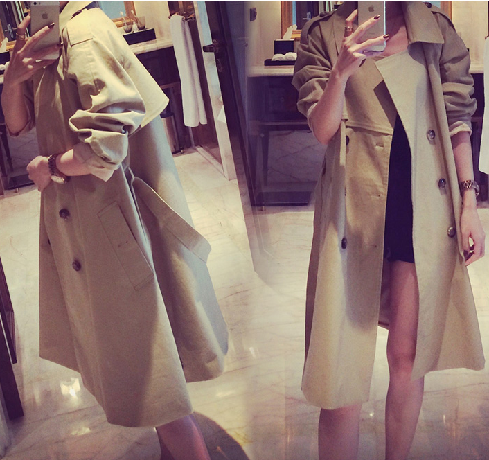 Turn-down Collar Belt Slim Double Button Mid-length Coat - Meet Yours Fashion - 4