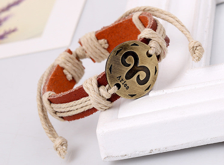 12 Constellation Woven Brown Leather Bracelet