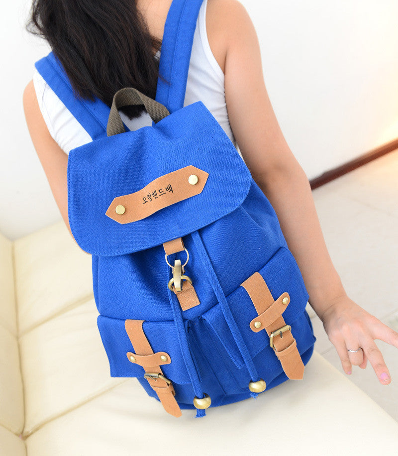 Belt Fastener Solid Color Canvas Backpack School Bag - Meet Yours Fashion - 5