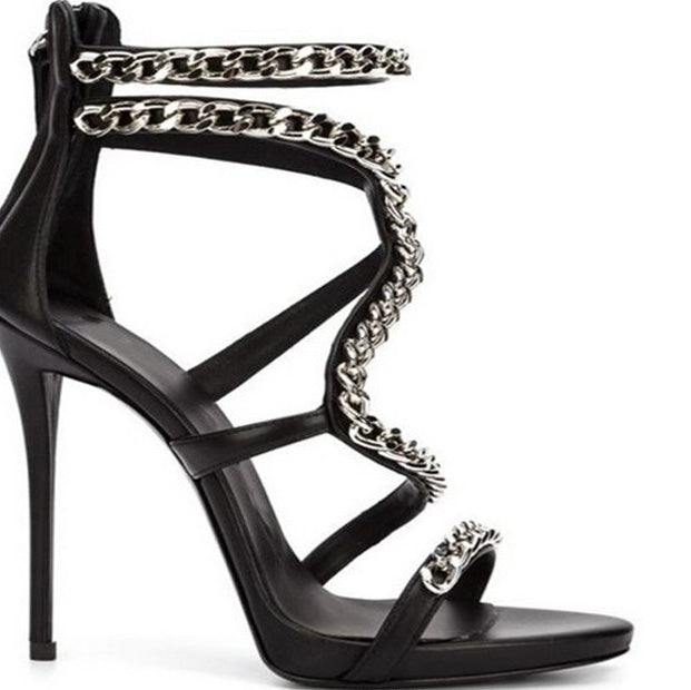 Leather High Heel Chain Sandals