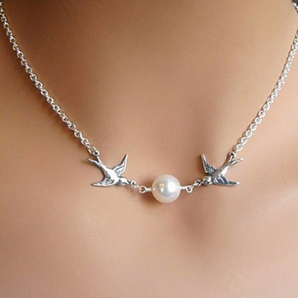 Faux Pearl Decorated Bird Pendant Necklace For Women - MeetYoursFashion